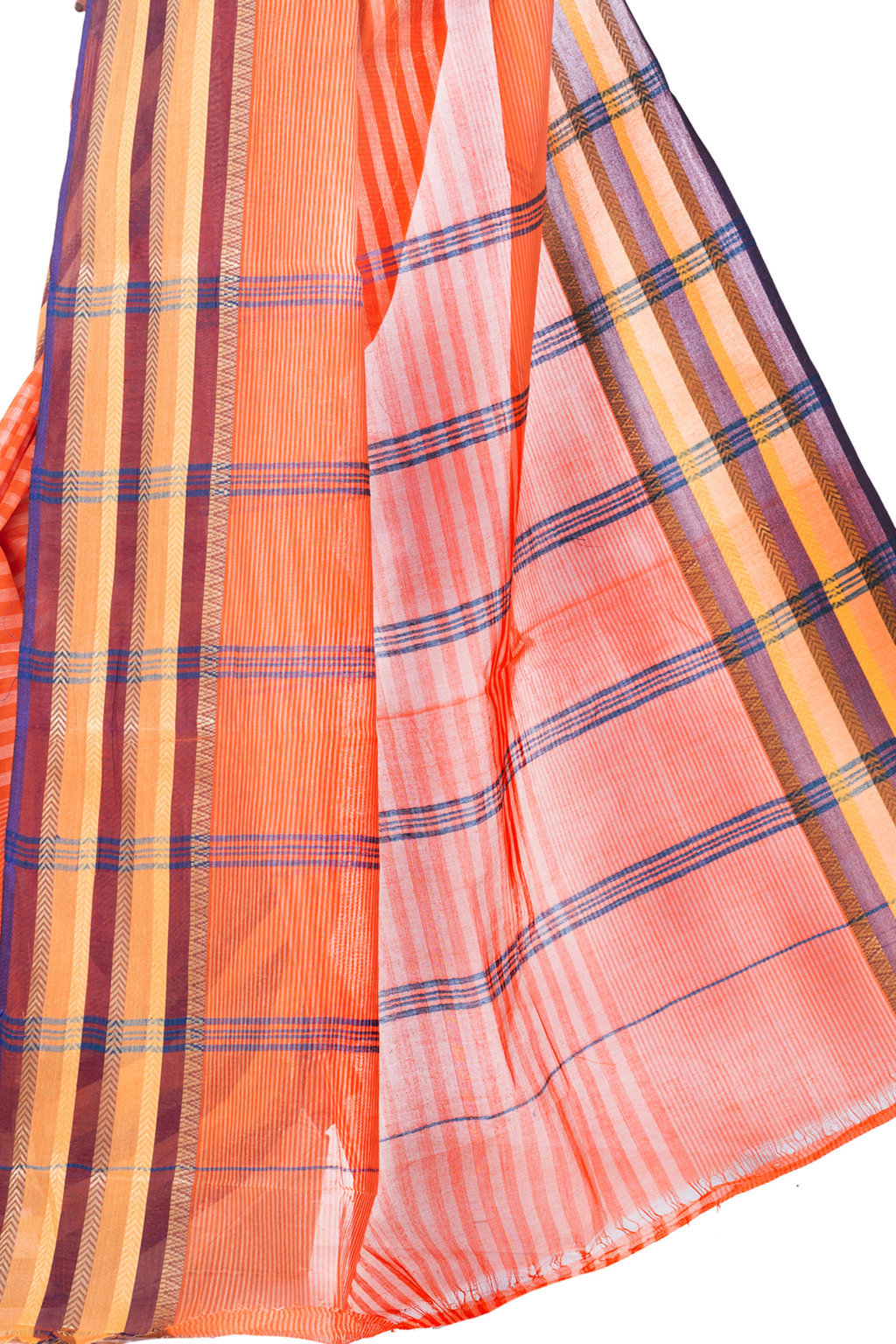 Orange Pure Cotton Khajur_Churi_Strip Tant Saree (656)